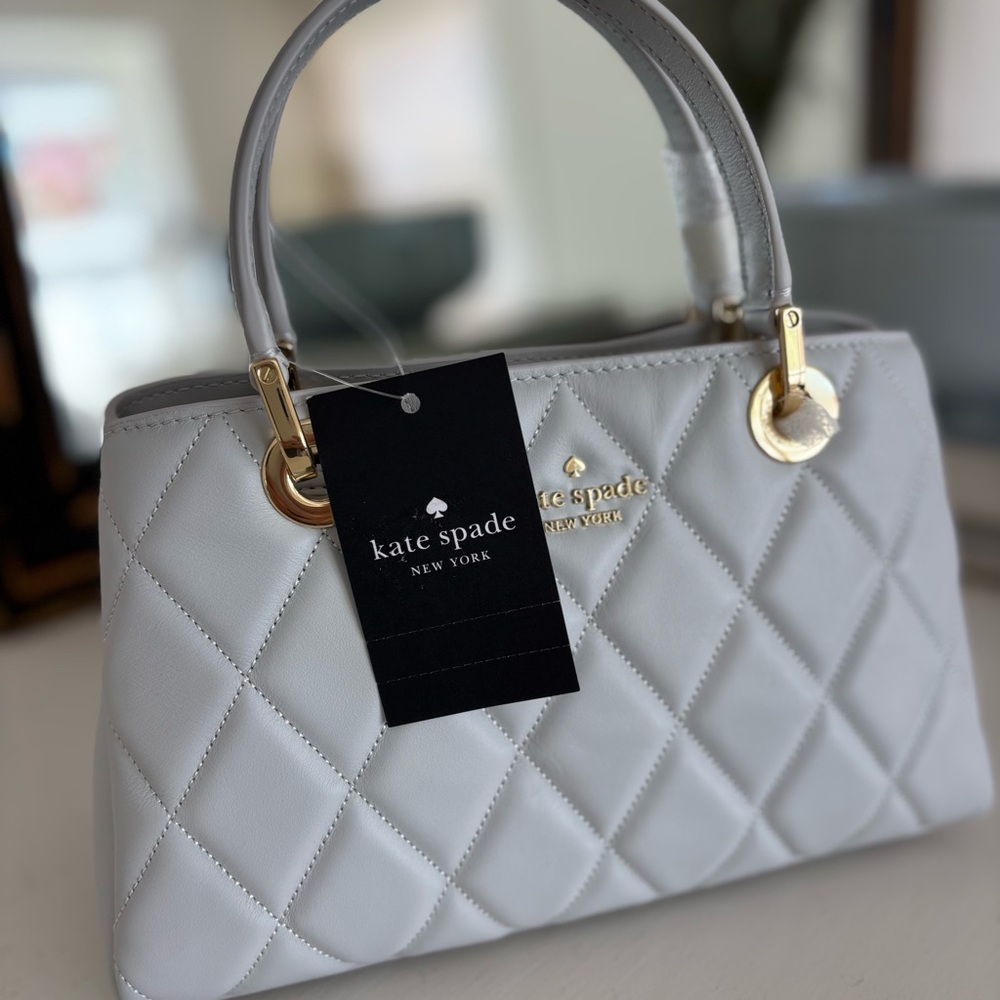 KATE SPADE Satchel Leather Quilted Handbag White Stone Path Light Grey Purse - Picture 5 of 15